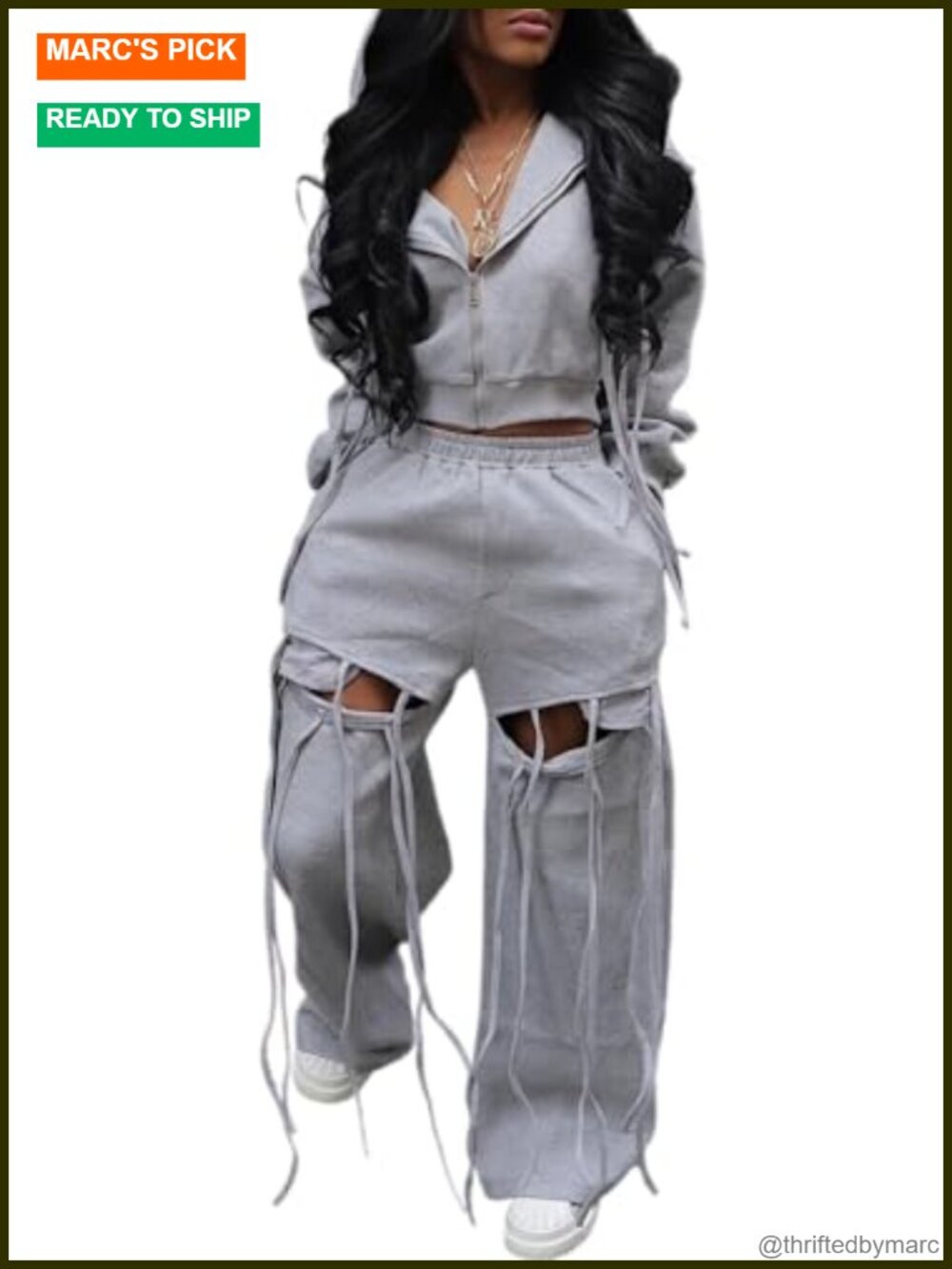 2 Piece Hoodie Set Wide Leg Ripped Pants High Low Grey